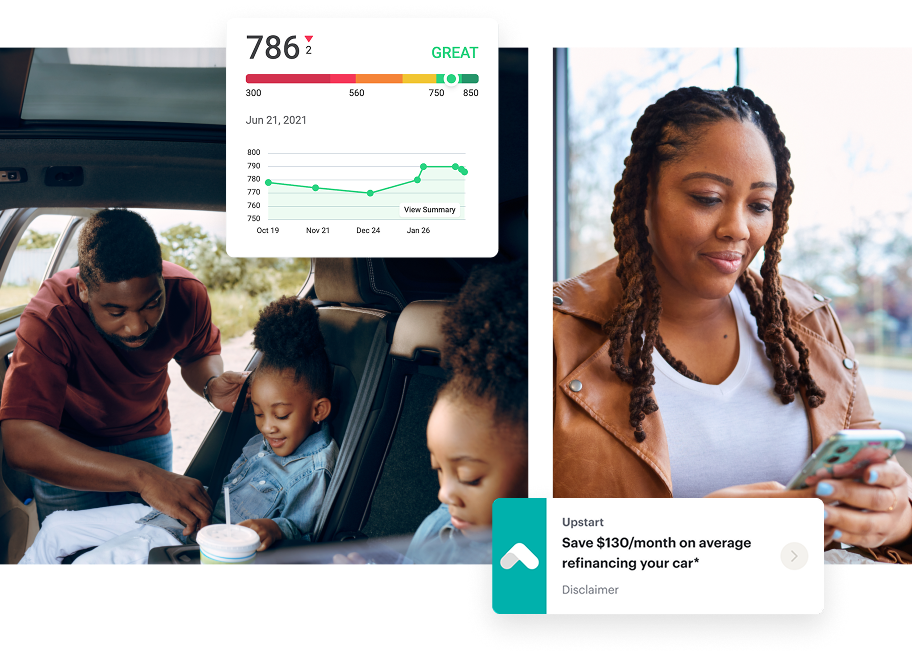 A man helps two young girls in a car while a woman checks her phone; an overlay shows a credit score chart and a refinancing savings ad.
