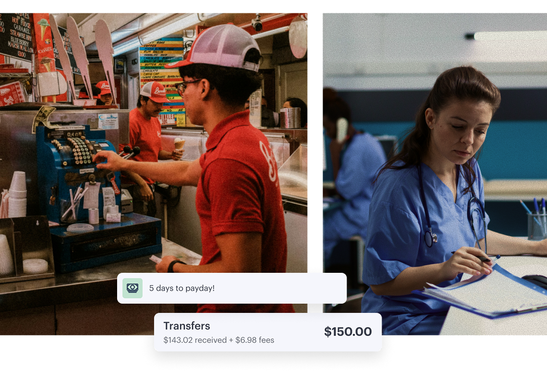 A man uses a payphone in a fast-food restaurant; a woman in medical scrubs reviews paperwork. Digital graphics show payday countdown and a $150 transfer with fees.
