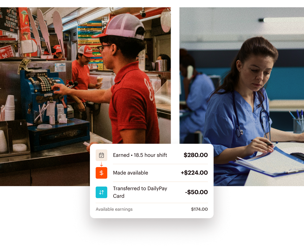 A split screen showing a restaurant worker at a cash register and a nurse reviewing charts, with a DailyPay earnings summary overlay showing $174.00 available.