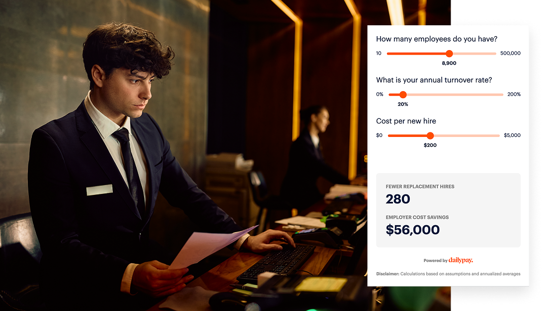 A hotel front desk employee in a suit holds papers; an infographic alongside shows employee turnover and cost savings data for hiring.