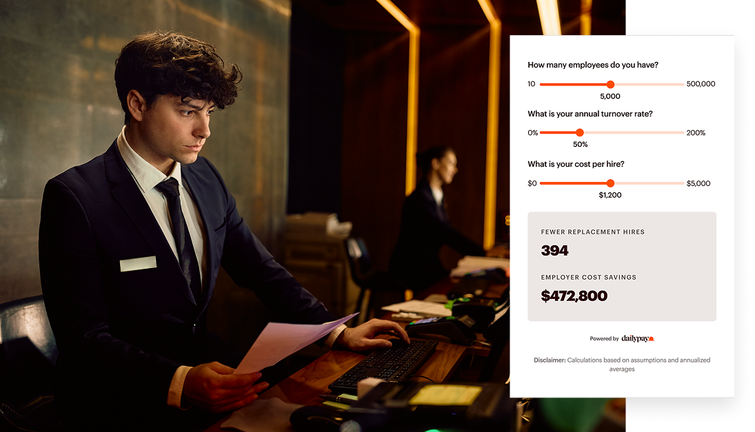A hotel receptionist looking at a document at a desk next to an interactive calculator overlay showing employee and cost savings metrics.
