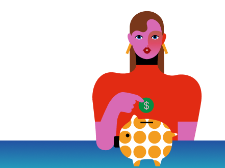 An illustration of a woman placing a green coin with a dollar sign into a polka dot piggy bank on a blue surface.