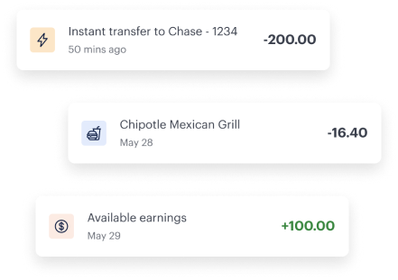 A screenshot of three financial transactions: a $200 transfer to Chase, a $16.40 purchase at Chipotle Mexican Grill, and $100 in available earnings.