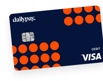 A DailyPay Visa debit card with an EMV chip and orange circular patterns on a dark blue background.