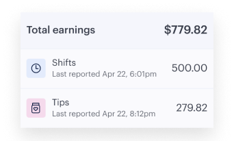 Display of total earnings being $779.82, composed of $500.00 from shifts and $279.82 from tips with the last reports on Apr 22 at 6:01pm and 8:12pm respectively.