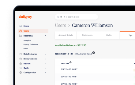 Screenshot of a financial dashboard showing the user's name, available balance of $812.55, and recent transactions. The left sidebar includes navigation options under sections like Home, Users, Reporting, and more.