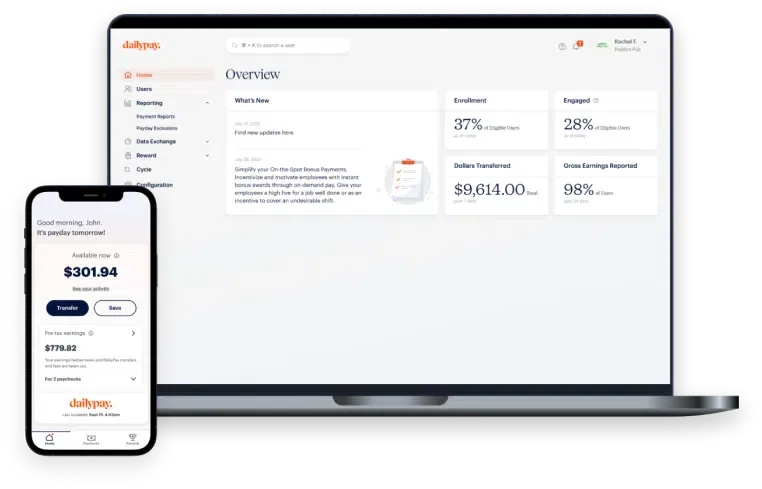 A smartphone and a laptop display the DailyPay app interface, showcasing an account overview with earnings, transfers, and engagement metrics.