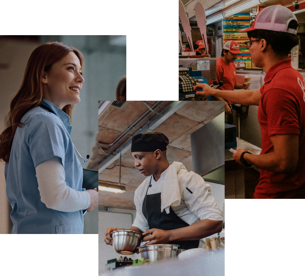 Three people at work: a woman in scrubs smiling, a man in a kitchen mixing ingredients, and a cashier assisting a customer at a store counter.