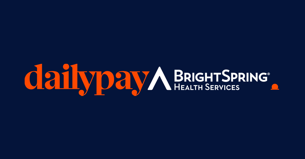 The image features the logos of DailyPay and BrightSpring Health Services on a dark blue background. "dailypay" is written in bold, orange lowercase letters, while "BrightSpring Health Services" is in white, with a stylized orange caret and small orange design element at the end.