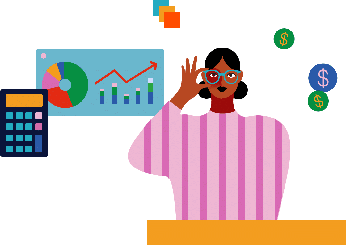 Illustration of a person wearing glasses and a pink-striped shirt, making an "OK" gesture with their hand. Behind them float elements including an employee turnover calculator, a pie chart with a rising arrow, bar graphs, and currency symbols. The green background features small colorful squares.
