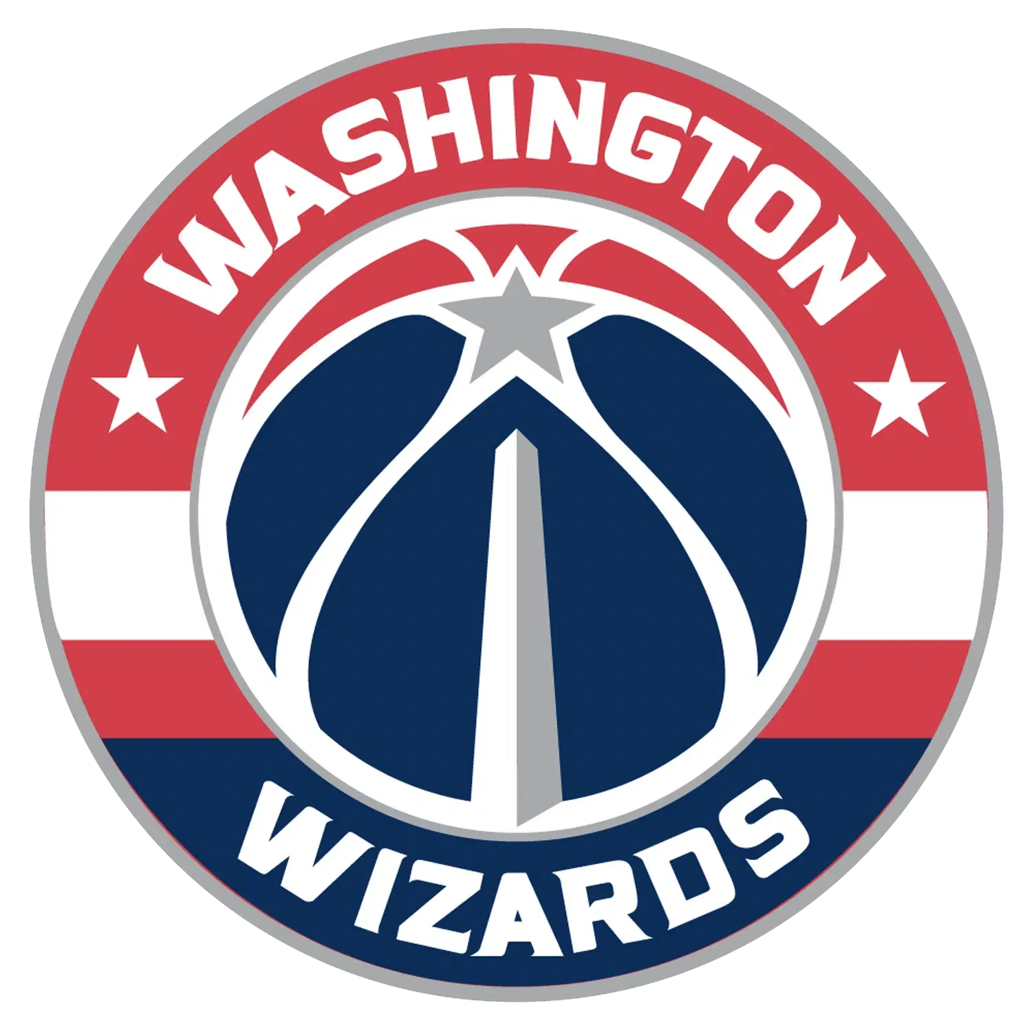 The image shows the logo of the Washington Wizards, featuring a stylized basketball, the Washington Monument, and a star, surrounded by red, white, and blue stripes with the team's name.