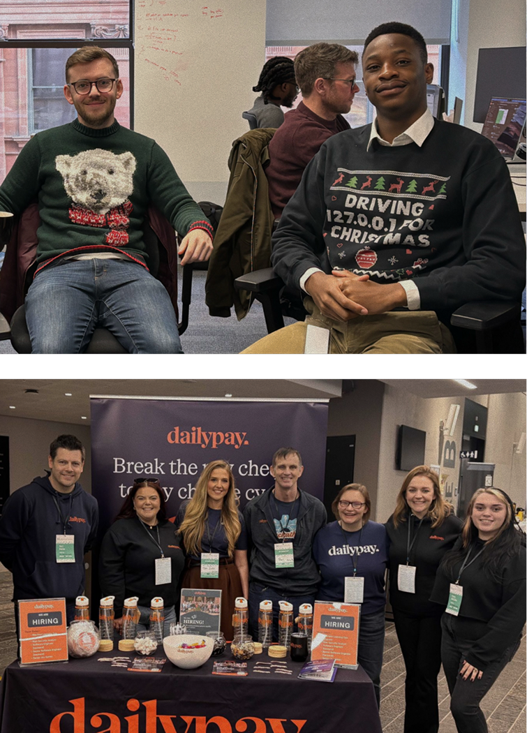 Two photos: Top, two men in holiday sweaters seated in an office. Bottom, eight people stand behind a DailyPay booth with hiring signs and branded materials on the table.