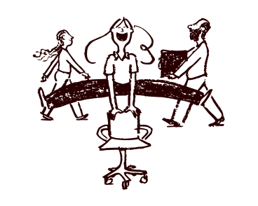 Three people, one seated on an office chair and two walking with boxes, are shown in a simple line drawing.