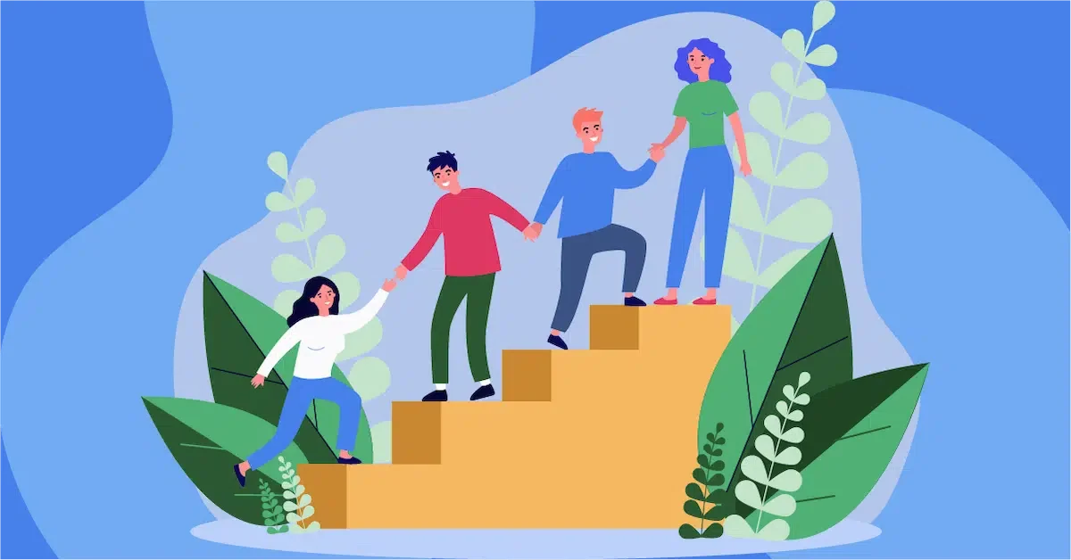 An illustration of four people helping each other ascend a staircase surrounded by greenery. The person at the top, wearing a green shirt and blue pants, reaches down to assist the others. The vibrant background features blue and green hues with abstract shapes and leaves.