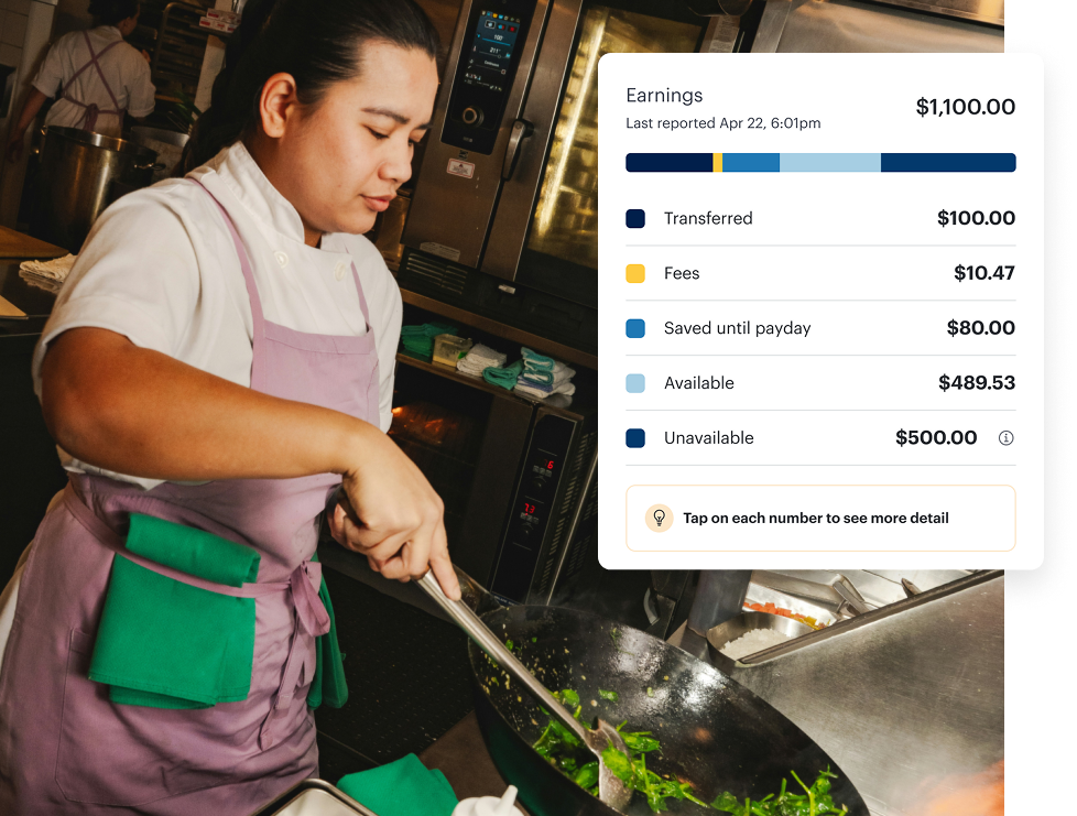 A chef cooks vegetables in a kitchen next to an earnings summary showing balances for transferred, fees, saved, available, and unavailable funds.