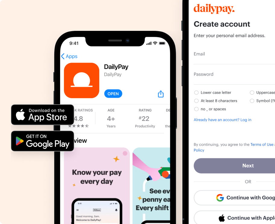 A phone displays the DailyPay app on the App Store, while another screen shows the DailyPay account creation page with login and sign-up options.
