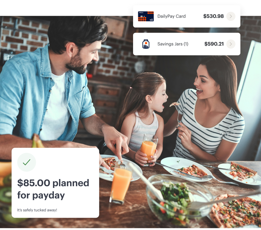 A family of three sits at a kitchen table eating pizza and drinking orange juice; digital notifications show account balances and $85.00 planned for payday.