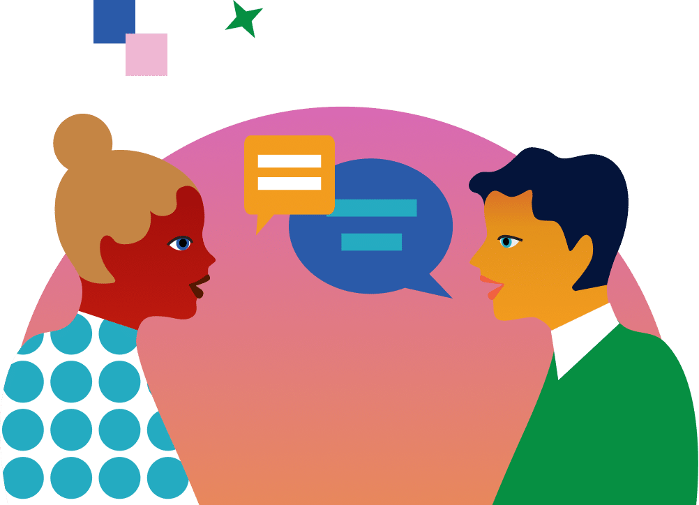 Illustration of two abstract, stylized figures facing each other, engaging in conversation with speech bubbles above their heads. The left figure has a bun hairstyle and wears a polka dot shirt, while the right figure has short hair and wears a green shirt. The background features a gradient of warm colors.