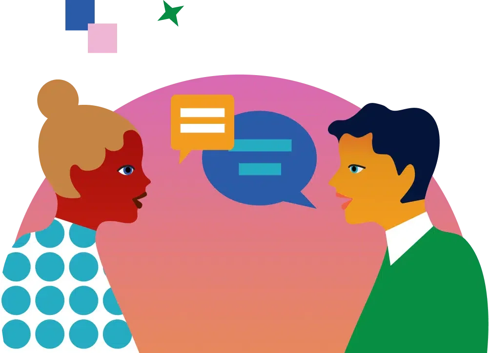 Illustration of two people facing each other and talking, with colored speech bubbles between them.