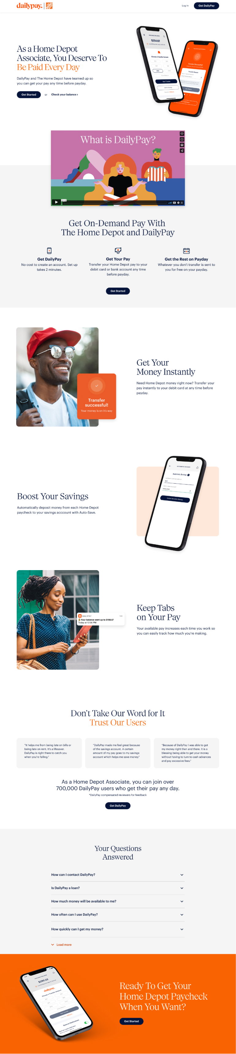 A webpage showcasing a service called DailyPay. It highlights features like On-Demand Pay, savings boost, account tracking, and includes testimonials, FAQs, and a call-to-action to get the app.