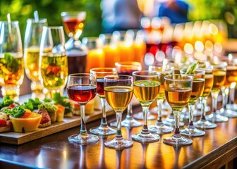 Various cocktails and appetizers are arranged on a table outdoors, with blurred greenery in the background.