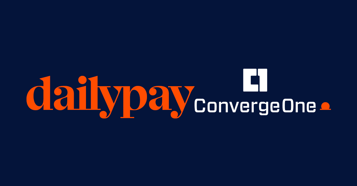 The image features the logos of two companies on a dark blue background. On the left, "dailypay" is shown in large, bold, orange lowercase letters. On the right, "ConvergeOne" is written in white next to an abstract white and blue icon resembling the letters "C" and "O".