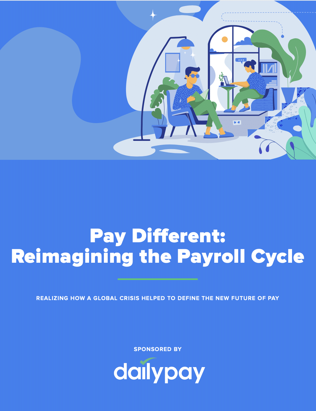 Vector illustration of two people, one sitting at a desk with a laptop and the other on a chair, in a cozy indoor setting with plants, discussing the "Payroll on Demand" concept, sponsored by DailyPay.