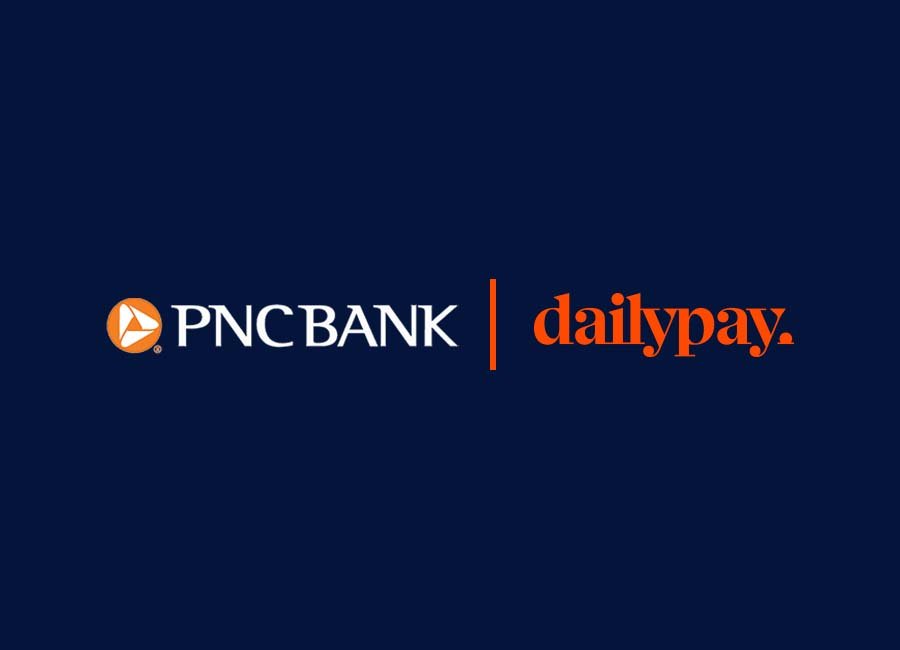 The image shows the logos of PNC Bank and DailyPay on a deep navy blue background. The PNC Bank logo features an orange circle with a white triangular shape inside, followed by the text "PNC BANK" in white. The DailyPay logo is written in orange lowercase letters.