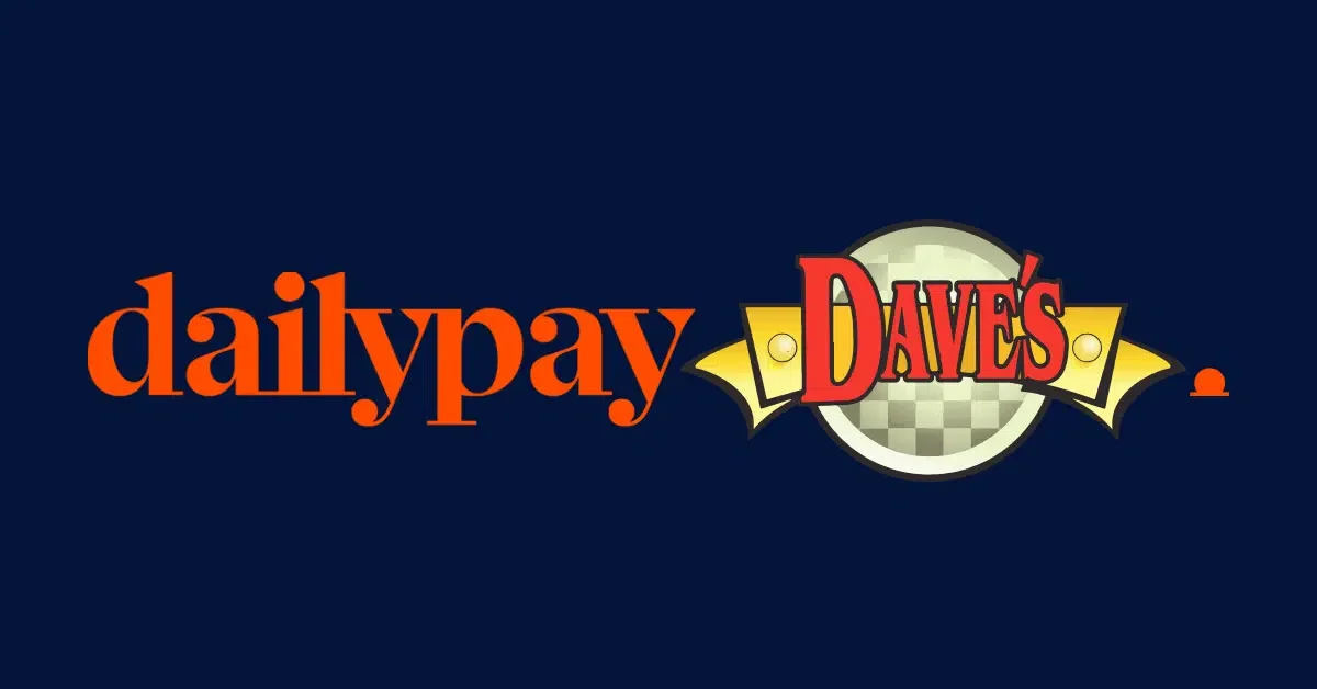 The image features the DailyPay logo on the left and the logo for Dave's on the right. The DailyPay logo is written in bold orange lowercase letters. The Dave's logo includes stylized text in red with a triangle and circle design in the background, set against a dark blue backdrop.