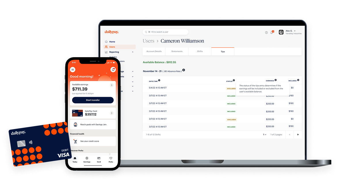 A laptop, smartphone, and debit card display a digital banking interface showing account balances, transactions, and user information for Cameron Williamson.