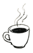 Black and white sketch of a steaming coffee cup with a handle, filled with a dark liquid, viewed from the side.