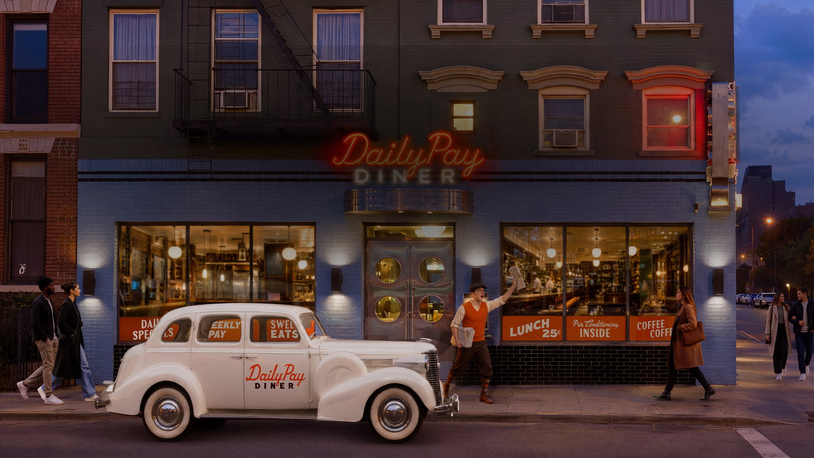 People walk past a vintage white car parked outside a building with a neon "Daily Pay Diner" sign. The diner has large windows and warm lighting, and it is evening.
