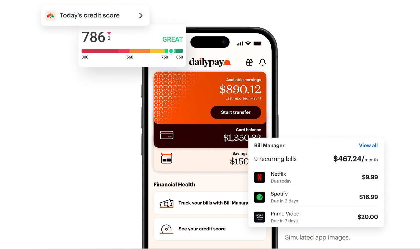 A smartphone screen displays a financial app showing available earnings, credit balance, bills, and subscriptions. Overlays show a credit score and a list of monthly expenses.
