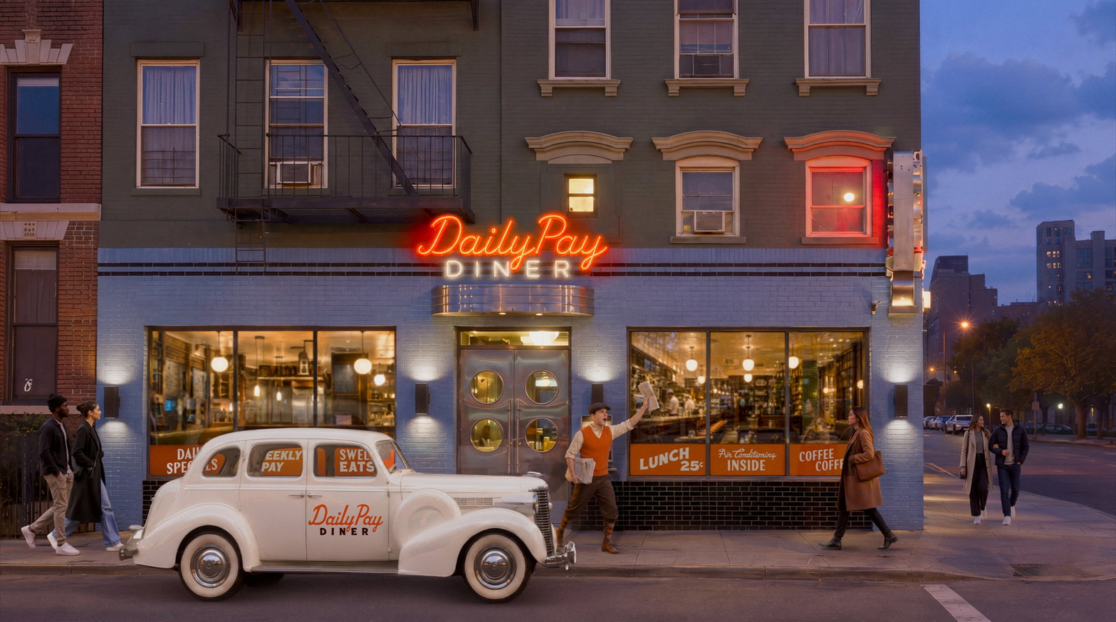 A vintage white car labeled "Daily Pay Diner" is parked outside a retro diner with neon signage as people walk by on a city street at dusk.