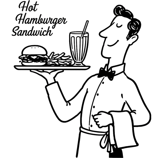 Illustration of a smiling waiter holding a tray with a hamburger, fries, and a milkshake. Text reads "Hot Hamburger Sandwich.