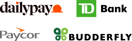 Logos of five companies: DailyPay, TD Bank, Paycor, Budderfly, arranged in a grid on a light background.