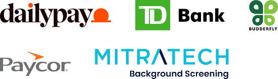 Logos of six companies: dailypay, TD Bank, Budderfly, Paycor, Mitratech, and Mitratech Background Screening, arranged on a light background.