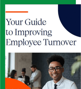 Cover of a guide titled "Your Guide to Improving Employee Turnover." The top portion features the title with abstract shapes in blue and orange. The bottom portion shows a diverse group of professionals in a modern office setting, with one person in the foreground smiling at the camera.