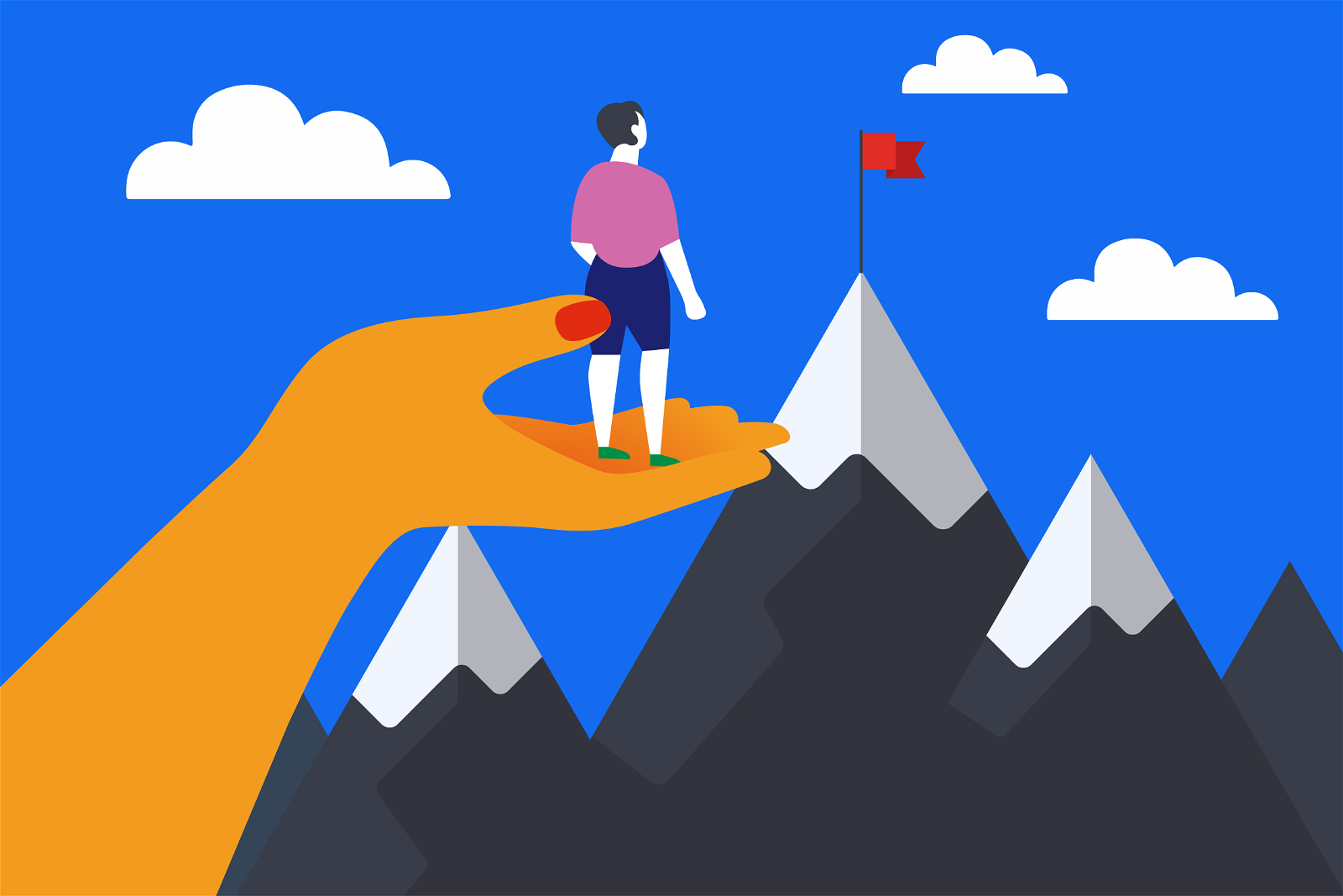 Illustration of a person standing on a giant hand, overlooking a mountain range. The person, wearing a pink shirt and blue shorts, gazes at a red flag on a mountain peak. The sky is bright blue with several fluffy white clouds scattered across it. The scene symbolizes support and goal achievement.