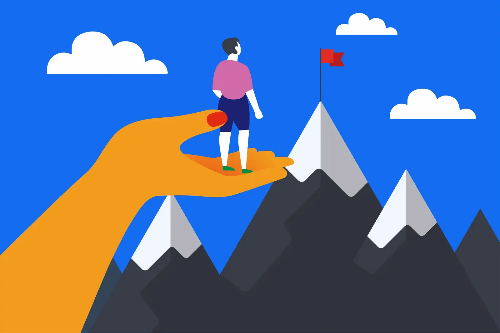 Illustration of a hand holding a person who is looking at mountain peaks with a red flag at the top. White clouds are in the background.