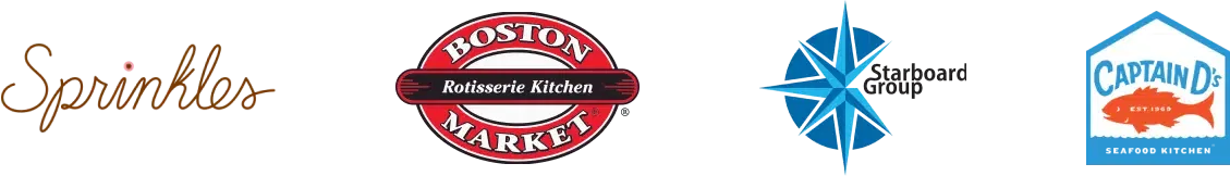 Logos of four brands: Sprinkles, Boston Market, Starboard Group, and Captain D's.