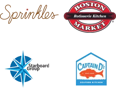 Logos of four companies: Sprinkles, Boston Market, Starboard Group, and Captain D's placed against a plain background.