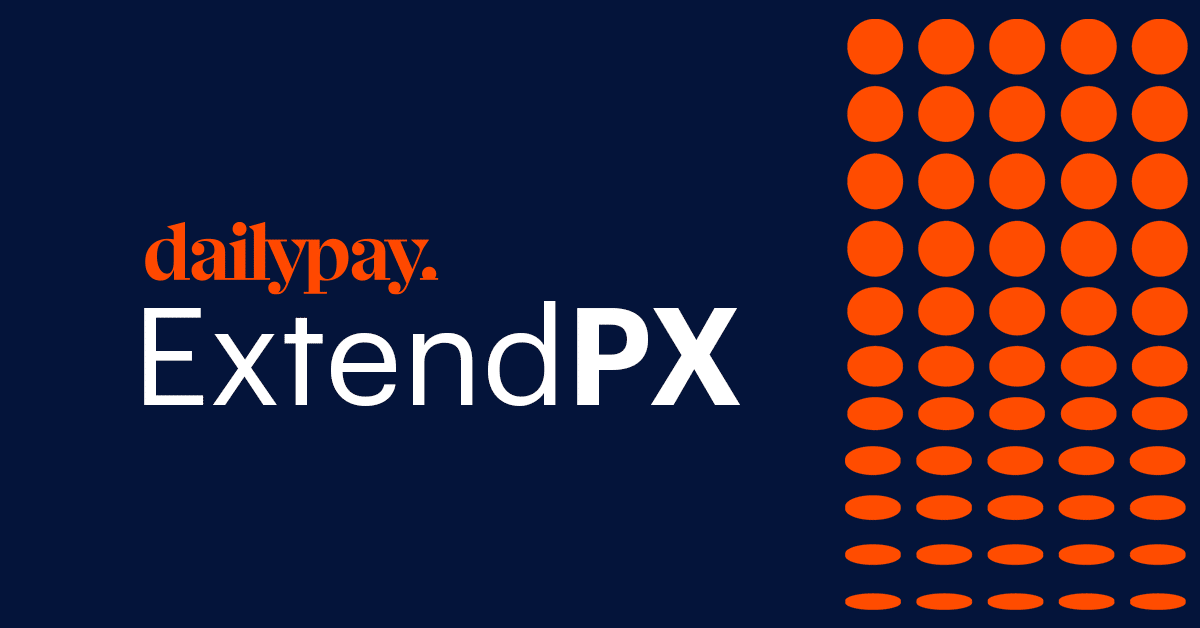 The image features the "dailypay." logo in orange above the white text "ExtendPX" on a dark blue background. To the right, an orange dot pattern forms a partial grid, with larger dots at the top transitioning to smaller dots at the bottom, illustrating a seamless white label on demand pay solution.