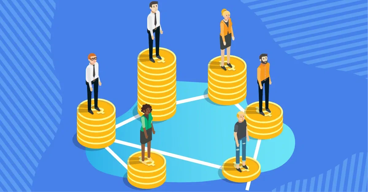 An illustration shows six diverse individuals standing on separate stacks of gold coins arranged in a networked pattern. The background is blue with geometric shapes. The characters appear to be of varying gender and attire, signifying diversity and collaboration in a financial context.