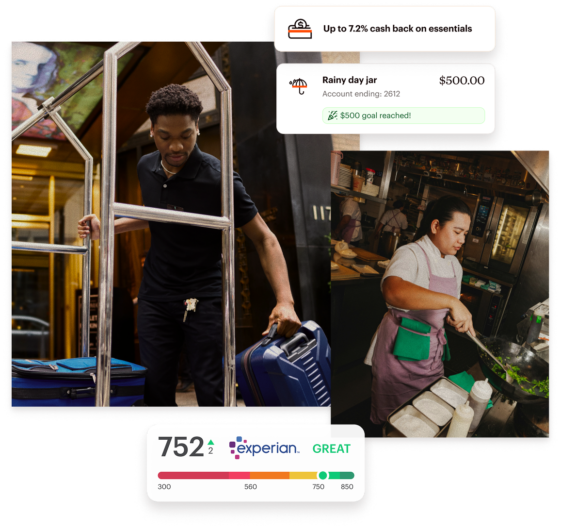 A man pushes a luggage cart, a woman cooks in a kitchen, and screenshots show a credit score, savings jar, and cashback offer.