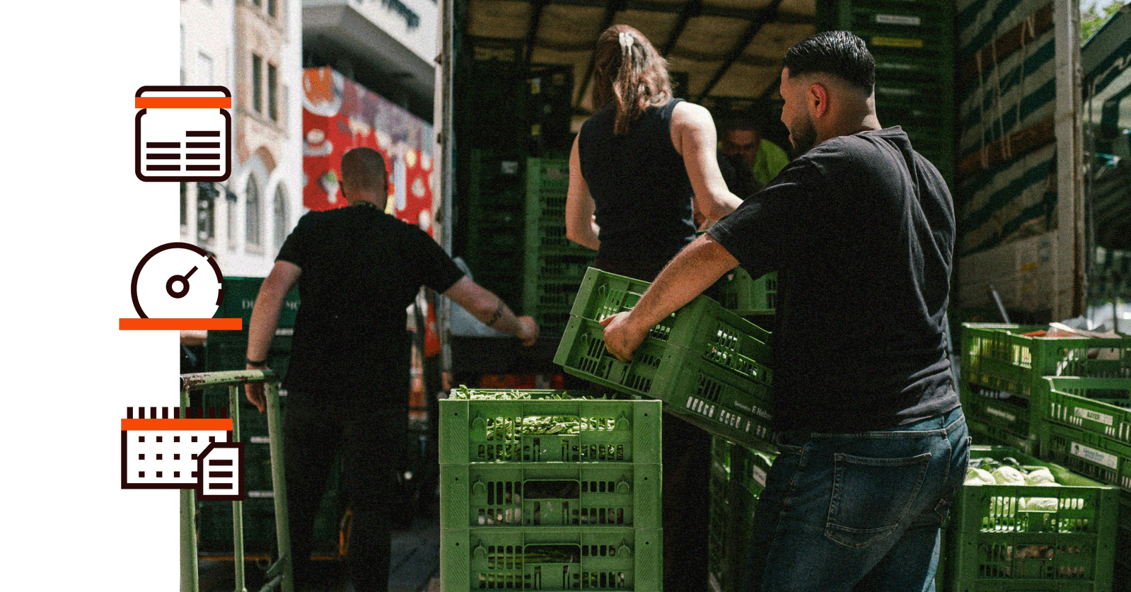 Workers unload crates of produce from a truck, with icons for a jar, a speedometer, and a calendar overlaid on the left.