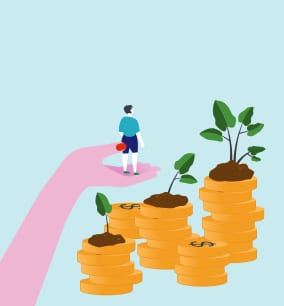 Illustration of a person standing on a hand facing three stacks of gold coins with plants growing on top, symbolizing investment and growth.