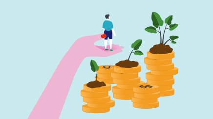 Illustration of a person standing on an outstretched hand facing stacks of gold coins with small plants growing from them, symbolizing financial growth and support.