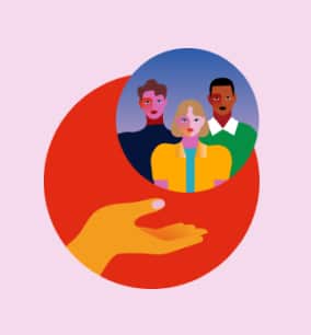 Illustration of an orange hand holding a circular image featuring three diverse individuals on a red and pink background.