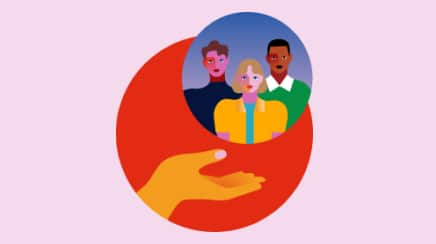 Illustration of a hand holding a circle containing three diverse figures against a red background.